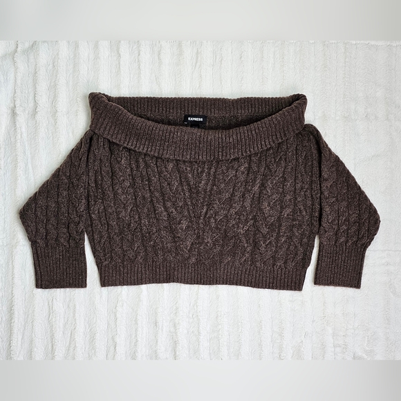 Express Off The Shoulder Cable Knit Sweater | Mocha | XL - Picture 6 of 8